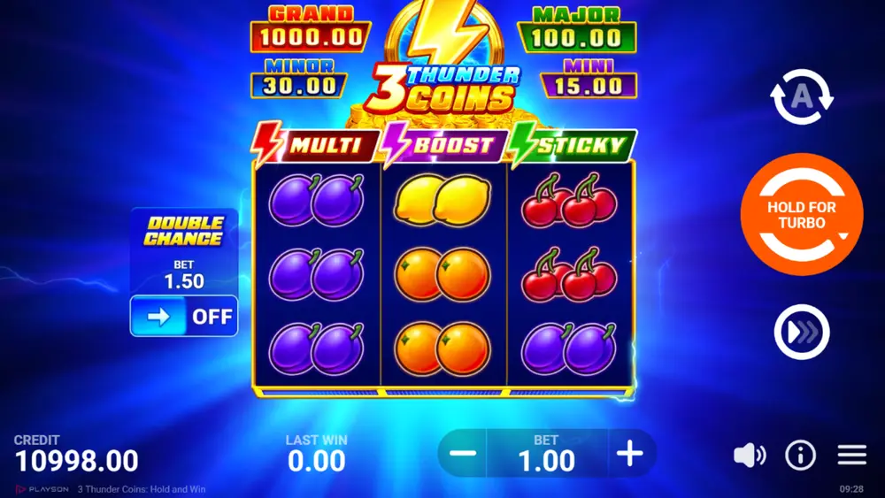 Cuadrícula del Bonus Game Hold and Win llena de monedas y contador de regiros