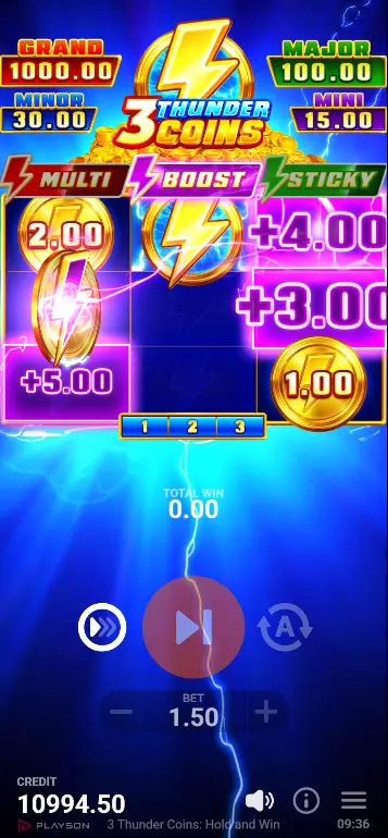 Cuadrícula del Bonus Game activo con contador de regiros y varios tipos de moneda