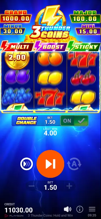 Cuadrícula del juego base de 3 Thunder Coins Hold and Win con símbolos Wild, campanas y BAR BAR