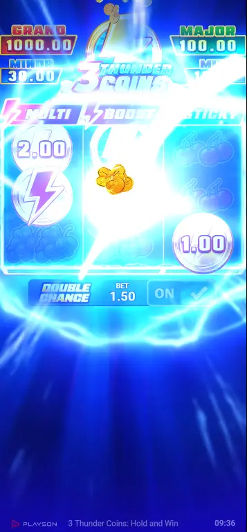 Thunder Coin cayendo en el segundo carrete con Feature Coins que activan el Bonus Game