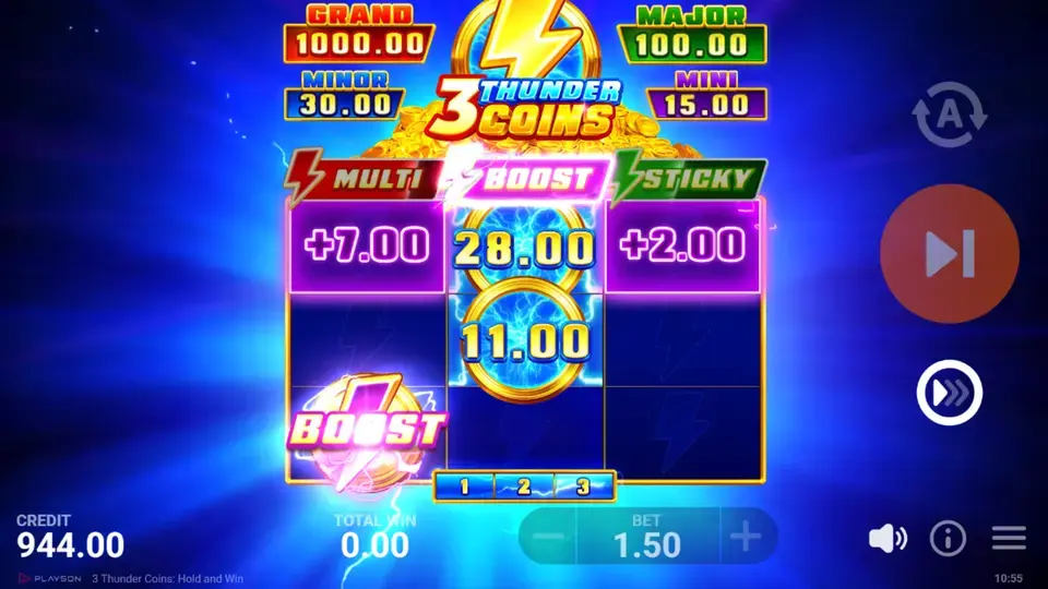Cuadrícula del juego base de 3 Thunder Coins con símbolos clásicos de máquina de frutas