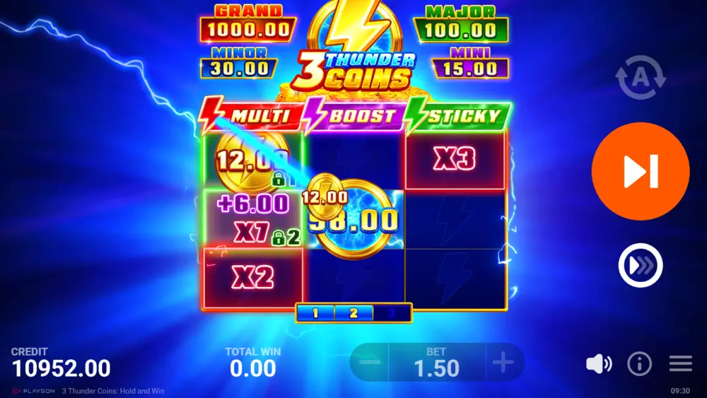 Primer plano de una Jackpot Coin GRAND cayendo en la cuadrícula
